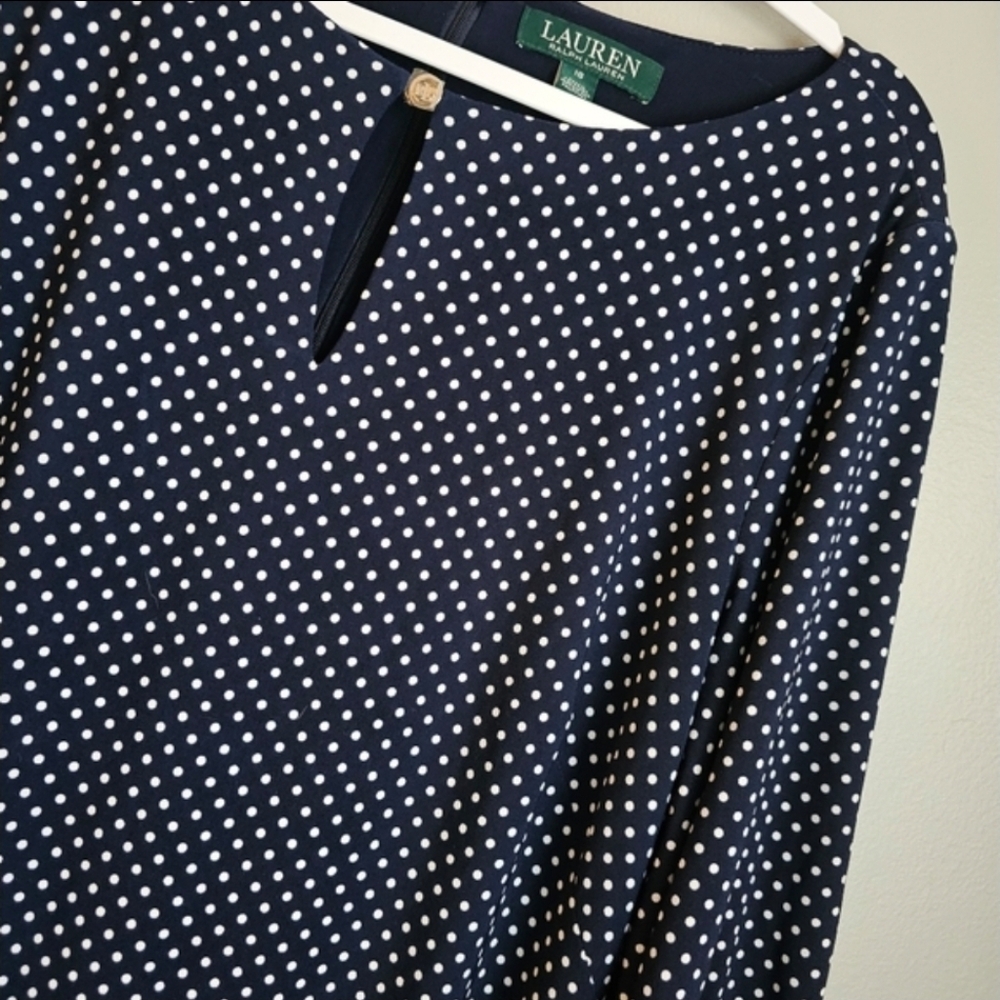 Lauren Ralph Lauren Women's Monahan Black Polka Dot Dress 3/4 Sleeve W/pockets